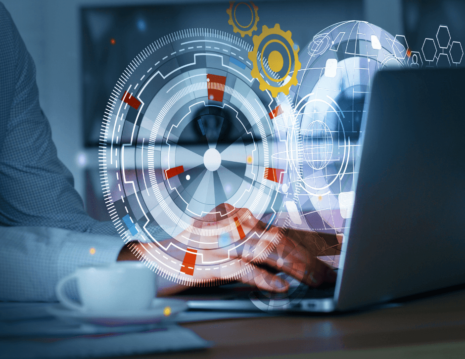 Artificial intelligence and business analytics concept showing a laptop with digital data dashboards, automation gears, and advanced technology visualizations.