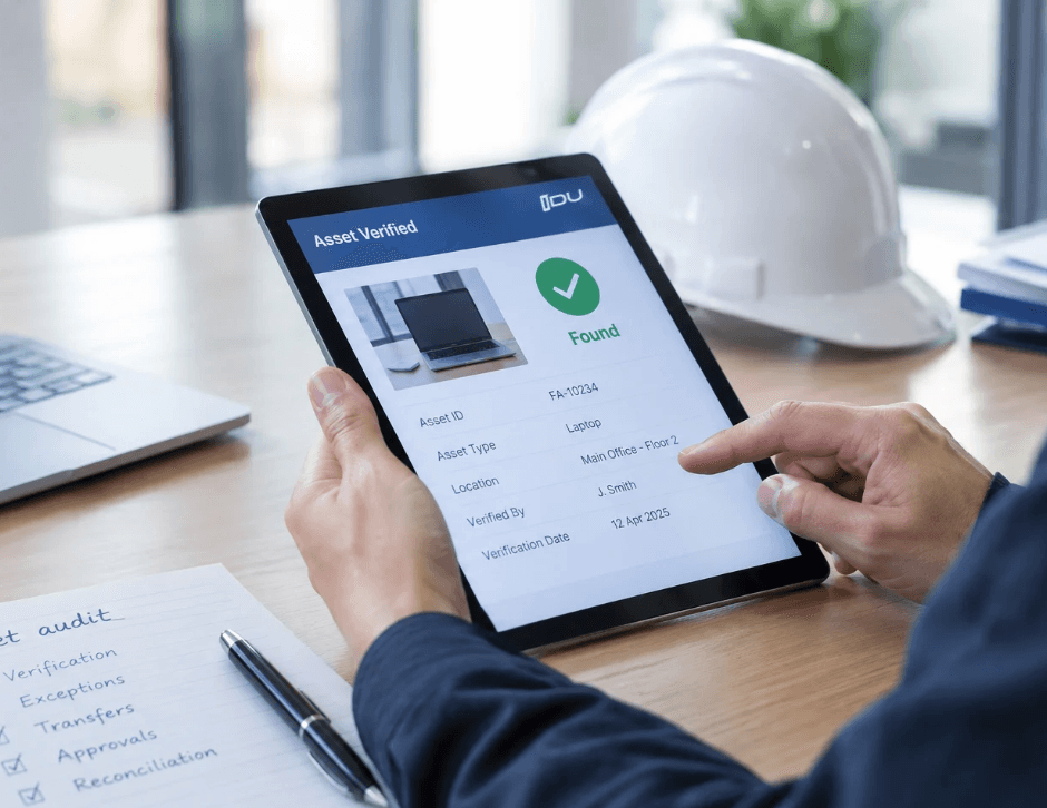 Finance professional using a tablet to verify a fixed asset, with asset details and audit checklist visible on a desk