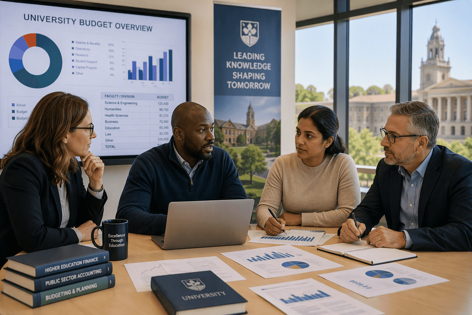 Higher education budgeting and financial planning team collaborating on university budgets, forecasting, and institutional performance reporting.