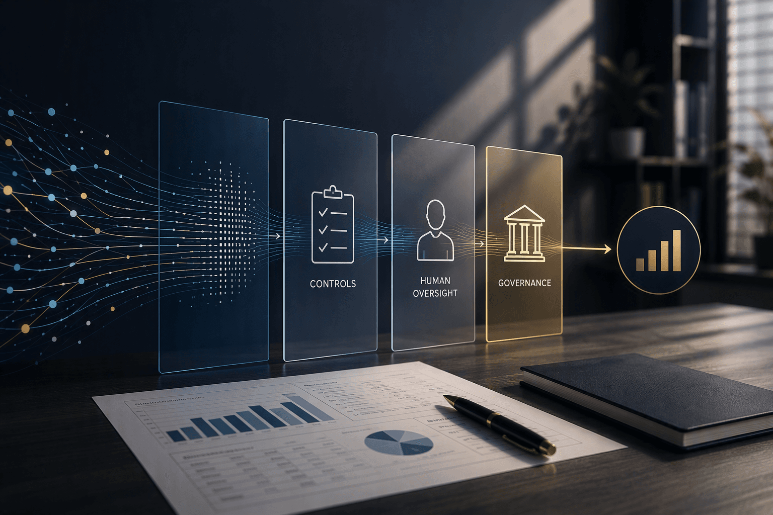 AI-generated financial insights passing through governance controls, human oversight and accountability frameworks before informing business decisions.