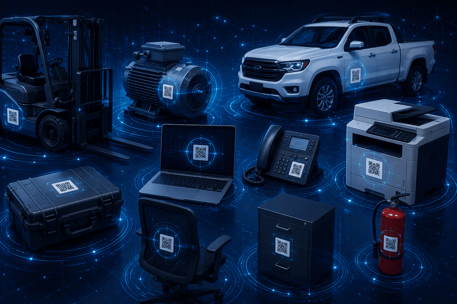 Business and industrial assets with QR code labels illustrating fixed asset verification and tracking.
