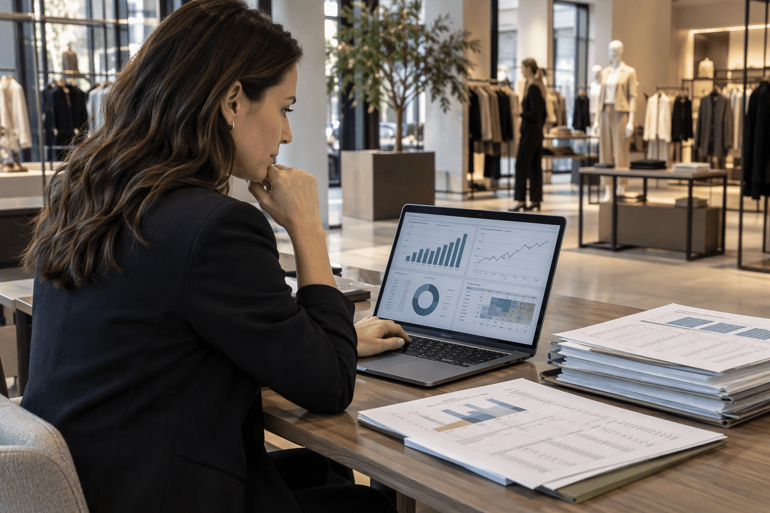 Retail finance professional reviewing a planning dashboard while comparing store performance data in a modern retail environment.