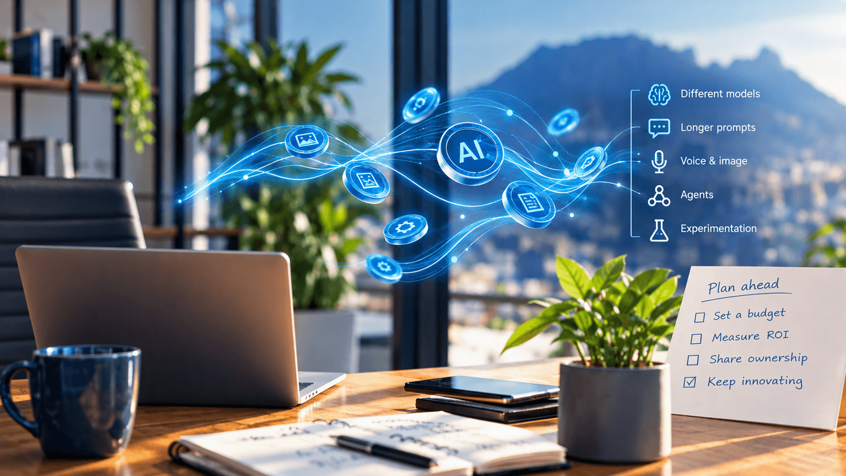 Contemporary business workspace featuring a laptop, AI technology visualisation, and digital data streams illustrating artificial intelligence, planning, productivity and decision-making in a modern office setting.