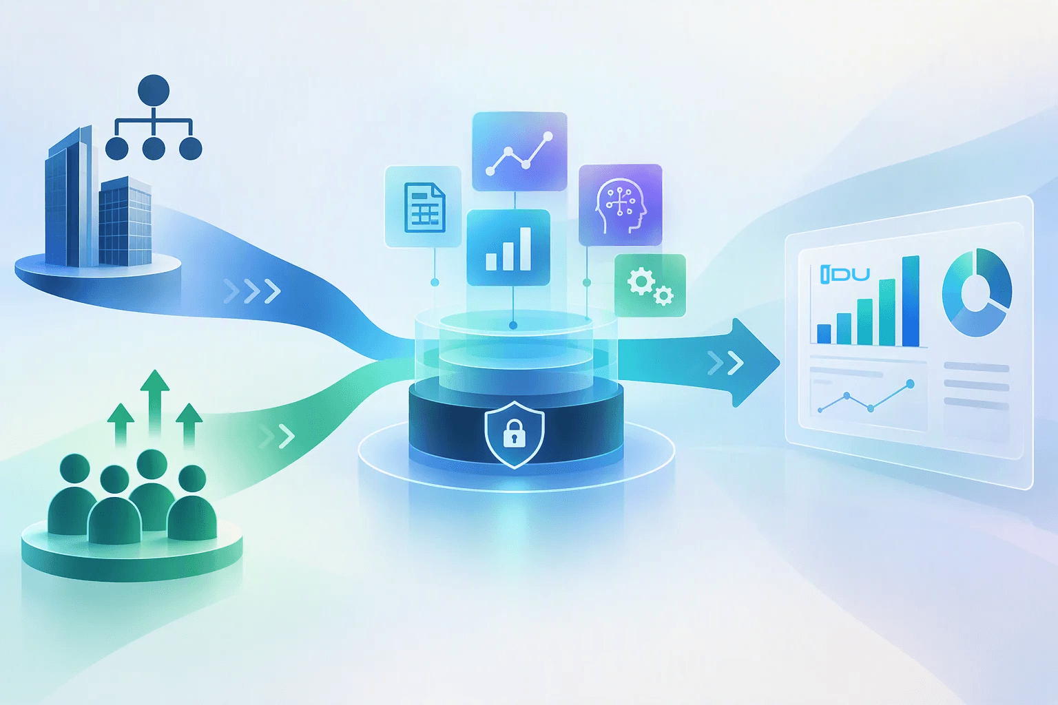 Abstract finance technology illustration showing strategic and operational planning streams converging into a secure central platform, where analytics, AI and scenario modelling combine to support integrated planning and better business decisions.